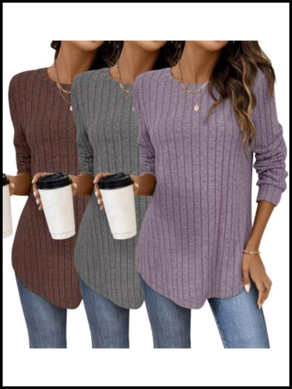Womens Curved Hem Long Sleeve Tunic Tops Ribbed Knit 3 Pack Fall Layering Shirts